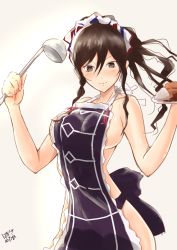 1girl adapted_costume alternate_hairstyle apron ashigara_(kancolle) ashigara_kai_ni_(ichibankuji)_(kancolle) ashigara_kai_ni_(kancolle) blush breasts brown_eyes brown_hair collarbone cooking female_focus food hair_between_eyes hazuki_futahi holding holding_plate kantai_collection ladle large_breasts long_hair looking_at_viewer naked_apron plate ponytail purple_apron sideboob sidelocks simple_background smile solo upper_body white_background