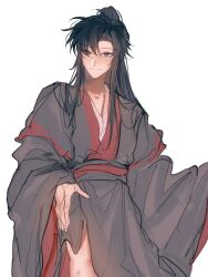 1boy beckoning black_hair black_hanfu blush brown_eyes chinese_clothes closed_mouth feet_out_of_frame hanfu heyoubuyou hickey high_ponytail highres implied_yaoi lifting_own_clothes long_hair long_sleeves looking_at_viewer male_focus modao_zushi ponytail robe sash simple_background sketch smile solo standing wei_wuxian white_background wide_sleeves