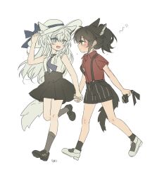 2girls aged_down animal_ears arknights black_hair black_shoes black_skirt black_socks blush child collared_shirt commentary fang grey_eyes hat highres holding_hands inger lappland_(arknights) long_hair looking_at_another multiple_girls open_mouth orange_eyes red_shirt seri_(vyrlw) shirt shoes short_sleeves shorts simple_background skirt smile socks suspender_shorts suspenders symbol-only_commentary tail texas_(arknights) white_background white_hair white_hat white_shoes wolf_ears wolf_tail