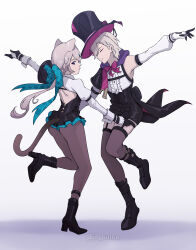 1boy 1girl absurdres animal_ears ass backless_dress backless_outfit black_dress black_footwear black_gloves black_headwear boots bow bowtie brother_and_sister cat_ears cat_tail closed_eyes commentary detached_sleeves dress genshin_impact gloves gradient_background grey_background grey_hair grey_pantyhose grey_thighhighs hat high_heel_boots high_heels highres jrpulse juliet_sleeves la_la_land long_sleeves low_ponytail lynette_(genshin_impact) lyney_(genshin_impact) pantyhose parody ponytail puffy_sleeves purple_bow purple_bowtie shirt short_hair shrug_(clothing) siblings single_bare_shoulder tail thigh_strap thighhighs top_hat white_shirt