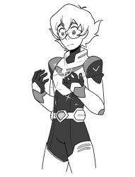 Rule 34 | 1girl, armor, belt, bodysuit, glasses, greyscale, highres, hyakujuu-ou golion, jode the jester, looking down, monochrome, pidge gundarsson, pidge gunderson, reverse trap, short hair, solo focus, sparkle, standing, transparent background, voltron: legendary defender, voltron (series), watermark