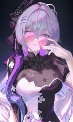 1girl black_shirt bronya_zaychik bronya_zaychik_(heart_of_the_night) bronya_zaychik_(silverwing:_n-ex) clothing_request curly_hair grey_eyes grey_hair hair_ornament hairclip high_ponytail highres honkai_(series) honkai_impact_3rd long_hair multicolored_shirt neon_(pixiv_31150749) parted_lips ponytail purple_shirt round_eyewear shirt solo star_(symbol) star_symbol_background teeth tight_clothes white_shirt