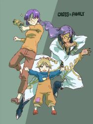 Rule 34 | 1boy, 2girls, blonde hair, blue eyes, chrono cross, chrono trigger, closed mouth, full body, glasses, guile (chrono cross), gun, high ponytail, holding, holding gun, holding weapon, kid (chrono cross), long hair, looking at viewer, lucca ashtear, multiple girls, open mouth, ponytail, purple hair, ryon (yasagure un), short hair, smile, spy x family, weapon