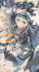 absurdres arms_up cropped_jacket firefly_(honkai:_star_rail) grey_hair hair_between_eyes hair_ornament hair_ribbon hairband highres honkai:_star_rail honkai_(series) neckerchief on_swing orange_neckerchief ribbon swing swing_set thighhighs vespark