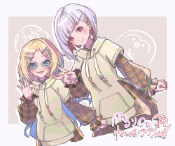 2girls arm_at_side bird blonde_hair blue_eyes blue_hair brown_hoodie brown_shirt clenched_hand closed_mouth colored_inner_hair colorfulness_(love_live!) commentary cropped_torso diagonal_bangs dog doodle_inset dutch_angle glasses gradient_hair group_name hair_ornament hairclip hairpin hand_up highres hood hoodie kirisaki_nuko layered_sleeves light_blue_hair light_smile link!_like!_love_live! long_sleeves love_live! multicolored_hair multiple_girls multiple_hairpins official_alternate_costume official_alternate_hairstyle open_hand open_mouth osawa_rurino parted_bangs penguin plaid_clothes plaid_shirt red_eyes red_hair shirt short_over_long_sleeves short_sleeves smile streaked_hair two-tone_background two-tone_hair v virtual_youtuber white-framed_eyewear white_hair x_hair_ornament yugiri_tsuzuri