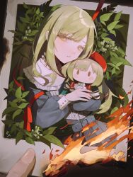 1girl bang_dream! bang_dream!_it&#039;s_mygo!!!!! belt belt_buckle buckle burning burning_photo buttons character_doll choker collar collared_shirt commentary crossed_arms dark_background fingernails foliage frilled_choker frills green_hair grey_belt grey_choker grey_shirt grey_skirt hair_ornament hairclip head_tilt highres holding holding_photo holding_stuffed_toy leaning_to_the_side long_hair long_sleeves mortis_(bang_dream!) mortis_(costume)_(bang_dream!) parted_bangs parted_lips photo_(object) pleated_skirt polaroid_photo puffy_long_sleeves puffy_sleeves red_ribbon ribbon sedith_cd shirt skirt stuffed_toy upper_body wakaba_mutsumi wakaba_mutsumi_(doll) white_collar white_sleeve_cuffs yellow_eyes