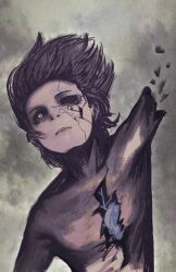 1boy absurdres amputee commentary_request cracked_skin disintegration expressionless floating_hair grey_hair heart_(organ) highres lacker_strike_(akkira_setsu) looking_up male_focus nude one-eyed original short_hair solo upper_body white_eyes