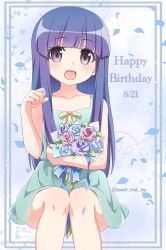 1girl artist_name bare_arms bare_shoulders blue_hair blue_petals blunt_bangs blush bouquet bow collarbone dated dot_nose dress flat_chest flower furude_rika green_dress happy_birthday highres higurashi_no_naku_koro_ni hime_cut holding holding_bouquet knees leaf long_hair looking_at_viewer open_mouth paw_pose petals pink_flower pink_rose purple_eyes purple_flower purple_rose ribbon rose sitting sleeveless sleeveless_dress smile solo sweet_miuk_tea twitter_username white_flower yellow_ribbon