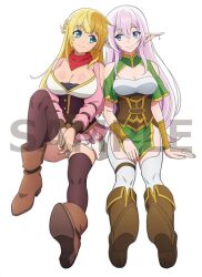 2girls ahoge anime_coloring bare_shoulders blonde_hair blue_eyes bracer braid breasts cleavage closed_mouth collarbone corset earrings elf full_body hair_between_eyes jewelry large_breasts long_hair long_sleeves multiple_girls outstretched_legs overskirt pink_hair pointy_ears red_corset red_overskirt red_scarf rit_(shin_no_nakama) sample_watermark scarf shin_no_nakama_janai_to_yuusha_no_party_wo_oidasareta_no_de_henkyou_de_slow_life_suru_koto_ni_shimashita simple_background sitting smile tareme thighhighs thighs watanabe_ruriko watermark white_background yarandrala zettai_ryouiki