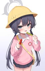 1girl absurdres bag black_hair black_skirt blue_archive blush cowboy_shot food food_request gradient_background grey_eyes grey_halo halo hat highres holding holding_food kindergarten_uniform kisaki_(blue_archive) kisaki_(kindergarten_uniform)_(blue_archive) long_hair long_sleeves looking_at_viewer miniskirt name_tag nanochie official_alternate_costume open_mouth pink_shirt pleated_skirt school_hat shirt shoulder_bag simple_background skirt solo twintails very_long_hair yellow_bag yellow_hat