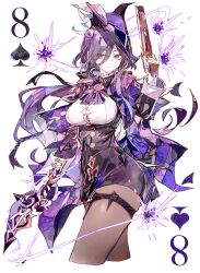 Rule 34 | 1girl, absurdres, blue hat, breasts, brown pantyhose, card, clorinde (genshin impact), closed mouth, cocoballking, eight of spades, fold-over gloves, genshin impact, gloves, gun, hair between eyes, hat, hat feather, highres, holding, holding gun, holding weapon, long hair, long hair between eyes, long sleeves, looking at viewer, pantyhose, pencil skirt, playing card, purple hair, simple background, skirt, solo, weapon, white background, white gloves