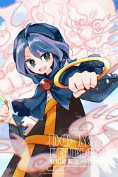 Rule 34 | 1girl, artist name, blue dress, blue eyes, blue hair, blue hood, blue sky, cloud, commentary request, cowboy shot, day, dress, fingernails, frills, hair between eyes, hands up, highres, holding hoop, hoop, jewelry, katsuragi atori, kesa, kumoi ichirin, long sleeves, looking afar, open mouth, outdoors, pendant, short hair, sky, smile, standing, teeth, touhou, two-tone dress, unzan, watermark, white dress, wide sleeves