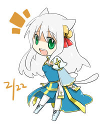 1girl animal_ears arch_bishop_(ragnarok_online) bell blue_dress boots breasts cat_day cat_ears cat_girl cat_tail chibi chibi_only cleavage_cutout clothing_cutout commentary_request cross dated dress full_body green_eyes grey_boots grey_hair hair_bell hair_ornament jingle_bell juliet_sleeves kemonomimi_mode long_hair long_sleeves looking_at_viewer medium_breasts nayuruonline notice_lines open_mouth puffy_sleeves ragnarok_online sash simple_background smile solo tail thighhighs two-tone_dress white_background white_dress white_thighhighs yellow_sash