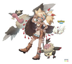 1girl absurdres alternate_costume anger_vein animal artist_name bare_shoulders bird blonde_hair blue_eyes blush bone bone_hair_ornament boots cape child dark-skinned_female dark_skin earrings feather_hair_ornament feathers feet flat_chest game_freak gen_2_pokemon gen_5_pokemon hair_ornament hand_on_own_hip highres honor_ball jewelry mandibuzz nails native_american navel nintendo poke_ball pokemon skirt smile spiked_hair toeless_footwear toenails toes togetic twintails v vullaby white_background wings zhanghengczkd