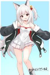 1girl :d animal_ears bare_legs bare_shoulders black_jacket boots breasts commission dress fox_ears fox_girl fox_tail highres jacket long_hair long_sleeves looking_at_viewer medium_breasts mogura2009 off_shoulder one_side_up open_clothes open_jacket open_mouth original red_eyes short_dress skeb_commission sleeveless sleeveless_dress smile tail white_dress white_hair