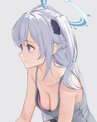 Rule 34 | 1girl, absurdres, alternate costume, armpit crease, black bow, black shorts, blue archive, blue eyes, blue halo, bow, bra, braid, breasts, cleavage, closed mouth, collarbone, commentary request, downblouse, eyelashes, grey background, grey tank top, hair bow, half up braid, halo, highres, long hair, looking ahead, medium breasts, miyako (blue archive), mole, mole on breast, monmo mu, pink bra, shorts, sidelocks, simple background, sitting, sketch, smile, solo, straight hair, tank top, underwear, upper body, white hair