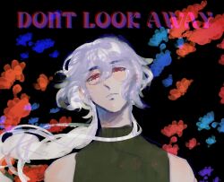 1boy a_date_with_death absurdres anaglyph black_background casper_(a_date_with_death) chromatic_aberration double-parted_bangs english_text flower hair_between_eyes head_tilt highres long_hair looking_at_viewer open_mouth portrait red_eyes sadlad03 sleeveless sleeveless_turtleneck solo turtleneck white_hair
