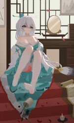 1girl absurdres alternate_breast_size breasts candle chest_sarashi cleavage commentary_request desk evil_king falling_petals green_kimono green_shoes hand_fan highres holding holding_fan honkai_(series) honkai_impact_3rd incredibly_absurdres japanese_clothes kimono large_breasts mirror pantyhose petals sarashi shoes shouji single_shoe sitting sitting_on_stairs sliding_doors soles solo stairs theresa_apocalypse toes white_pantyhose zhuge_kongming_(honkai_impact)