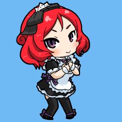 1girl aking apron aqua_background black_bow black_dress black_thighhighs blush bow chibi closed_mouth dress frilled_dress frills full_body hair_bow hands_on_own_chest hands_up highres looking_at_viewer love_live! love_live!_school_idol_project maid maid_apron maid_headdress medium_hair mogyutto_&quot;love&quot;_de_sekkin_chuu! nishikino_maki own_hands_together pigeon-toed purple_bow purple_eyes red_hair simple_background smile solo thighhighs tsurime v-shaped_eyebrows white_apron