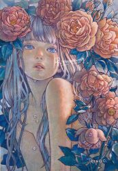 1girl blush commentary_request flat_chest flower grey_hair hair_flower hair_ornament highres long_hair looking_at_viewer nude oil_painting_(medium) original painting_(medium) parted_lips ringodrawing solo traditional_media upper_body water_drop wet