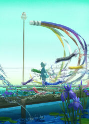 1boy absurdres barefoot blue_kimono bridge fantasy flower green_sky highres iris_(flower) japanese_clothes kimono koinobori lily_pad long_sleeves original outdoors purple_flower santo_moco scenery short_hair sky solo walking water water_drop wide_shot wide_sleeves windsock wooden_bridge