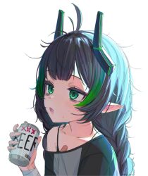1girl ahoge alcohol bags_under_eyes bandaid beer beer_can black_hair bra_strap braid can drink_can elfinpsyop green_eyes green_hair highres indie_virtual_youtuber long_hair multicolored_hair open_mouth pointy_ears riku_pam shirt twin_braids virtual_youtuber white_background