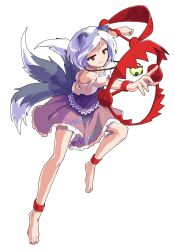 1girl animal_ears anklet barefoot bear_trap commentary_request dairi dog_ears dog_tail foot_up frilled_skirt frills from_side full_body grey_hair jewelry light_smile looking_ahead mitsugashira_enoko multicolored_hair multiple_tails open_mouth outstretched_arm outstretched_hand pink_skirt purple_hair purple_shirt reaching red_eyes shirt short_hair skirt solo streaked_hair tachi-e tail touhou transparent_background