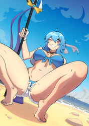 Rule 34 | 1girl, ahoge, barefoot, beach, bikini, bikini under shorts, blue bikini, blue hair, blue sky, blush, breasts, cleavage, cloud, commission, commissioner upload, dekura, fingerless gloves, fire emblem, fire emblem: genealogy of the holy war, front-tie bikini top, front-tie top, gloves, headband, highleg, highleg bikini, highres, holding, holding polearm, holding weapon, if they mated, jacket, jewelry, looking at viewer, navel, necklace, nintendo, ocean, one eye closed, open clothes, open fly, open jacket, original, outdoors, planted, polearm, purple eyes, sand, selia (mrtalkingdino), shore, short hair, short shorts, shorts, sidelocks, skindentation, sky, sleeveless, sleeveless jacket, smile, solo, spread legs, squatting, stomach, string bikini, swimsuit, tiptoes, tomboy, water, weapon, white headband