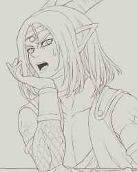 1boy armlet bracer choker circlet collarbone commentary_request dragon_boy dragon_quest dragon_quest_x head_rest hijirino_yuuta horns jewelry looking_at_viewer male_focus medium_hair monochrome monster_boy muscular muscular_male open_mouth pointy_ears robe scales slit_pupils solo sweatdrop teeth tobias_(dq10) upper_body upper_teeth_only