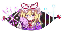 Rule 34 | 1girl, blonde hair, blush, choker, closed mouth, danmaku, dress, elbow gloves, gap (touhou), gloves, hair between eyes, hand fan, hat, holding, holding fan, long hair, looking at viewer, mob cap, nanakusagayu (7 kusagayu), oekaki, paint chat (medium), purple dress, purple eyes, ribbon, ribbon choker, smile, solo, touhou, upper body, white background, white gloves, yakumo yukari
