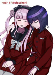 1boy 1girl black_bow black_hair black_headband blush bow brother_and_sister closed_eyes eyelashes fingernails grey_pantyhose hair_bow hand_on_another&#039;s_shoulder headband long_hair long_sleeves open_mouth pants pantyhose pink_hair purple_hair red_pants red_shirt red_skirt shirt siblings simple_background sitting skirt sleeveless teeth the_hundred_line_-last_defense_academy- tongue tsukumo_ima tsukumo_kako twins twintails white_background white_bow