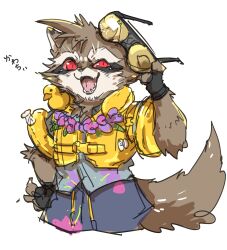 1boy animal_ears ao_gravity black_gloves fangs fingerless_gloves flower flower_necklace furry furry_male gloves guardians_of_the_galaxy hand_on_own_hip highres holding holding_removed_eyewear jewelry life_vest male_focus marvel marvel_cinematic_universe marvel_rivals necklace open_mouth raccoon_boy raccoon_ears raccoon_tail red_eyes rocket_raccoon rubber_duck smile tail translation_request unworn_eyewear white_background