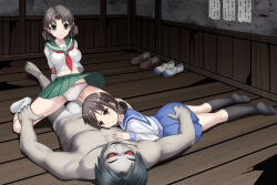 1boy 2girls arms_behind_back bdsm bondage bound bound_arms bulge captured corpse_party haimei1980 imminent_penetration imminent_rape multiple_girls shinohara_seiko yamamoto_mitsuki yanagihori_yoshikazu zombie