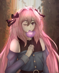 absurdres astolfo_(fate) fate_(series) flower happy highres long_hair pink_hair ran_sk ribbon smell