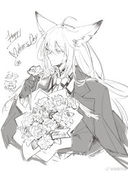 Rule 34 | 2girls, animal ears, arknights, bouquet, chinese commentary, closed mouth, commentary request, flower, fox ears, fox girl, glk sier, greyscale, happy mother&#039;s day, highres, holding, holding bouquet, long hair, monochrome, mother&#039;s day, mother and daughter, multiple girls, solo focus, suzuran (arknights), vulpisfoglia (arknights)