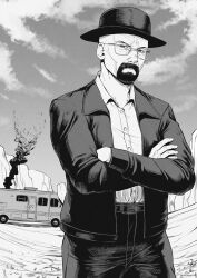 1boy absurdres breaking_bad cloud commentary crossed_arms facial_hair glasses goatee greyscale hat highres jacket male_focus mature_male monochrome motor_vehicle motorhome pants recreational_vehicle signature smoke solo speedl00ver upper_body walter_white