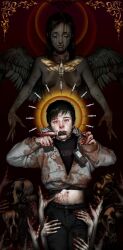 1boy 1girl bags_under_eyes black_eyes black_hair black_pants black_shirt black_wings blood blood_from_forehead blood_on_face blood_on_hands bloodshot_eyes bloody_tears bloody_weapon border breasts bug cicada claw_pose cleavage clenched_hand closed_eyes cry_of_fear denim double_halo enzo228 expressionless feathered_wings grabbing_another&#039;s_leg gradient_background grey_hoodie halo halo_behind_head hand_on_another&#039;s_leg head_tilt highres hood hood_down hoodie insect jeans knife long_hair looking_at_viewer male_focus messy_hair midriff_peek no_nipples no_shirt nude ornate_border outstretched_arms pants people phone shirt simon_henriksson sophie_(cry_of_fear) swept_bangs syringe too_many_hands upper_body weapon weapon_in_mouth wings