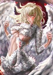 1girl absurdres blonde_hair blood blood_on_hands chimera dungeon_meshi falin_touden falin_touden_(chimera) feathered_wings feathers hair_around_ear highres monster_girl slit_pupils van_franzen white_feathers wings yellow_eyes