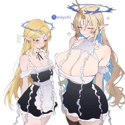 2girls apron arms_behind_back black_thighhighs blonde_hair blue_eyes blush breast_envy breasts cartethyia_(wuthering_waves) cleavage closed_eyes closed_mouth commentary crown_of_thorns detached_collar dress earrings english_commentary fleurdelys_(wuthering_waves) highres horns jewelry large_breasts long_hair maid maid_apron medium_breasts miychi multiple_girls pointy_ears simple_background single_horn tacet_mark_(wuthering_waves) thighhighs white_background wuthering_waves yellow_horns