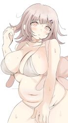 1girl animal_bag backpack bag big_belly bikini blush breasts brown_hair cat_bag cowboy_shot danganronpa_(series) danganronpa_2:_goodbye_despair galaga grey_bikini highres ikemen&#039;na_ore-shi large_breasts medium_hair nanami_chiaki navel pink_bag solo spaceship_hair_ornament stomach sweat swimsuit white_background