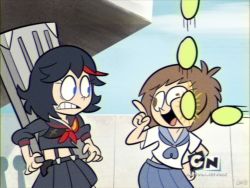2girls :d ball black_hair black_shirt black_skirt blue_eyes blue_skirt brown_eyes brown_hair cartoon_network commentary day derivative_work english_commentary eye_contact fake_screenshot hand_on_own_hip highres in_the_face index_finger_raised jpeg_artifacts kill_la_kill lolwutburger looking_at_another mankanshoku_mako matoi_ryuuko multicolored_hair multiple_girls open_mouth outdoors parody school_uniform screenshot_redraw senketsu serafuku shirt short_hair short_sleeves skirt smile standing streaked_hair style_parody suspenders tennis_ball toon_(style) two-tone_hair watermark weapon white_shirt