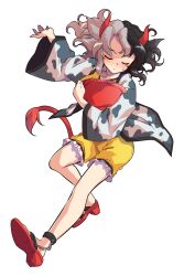 1girl alphes_(style) animal_ears animal_print black_hair breasts commentary_request cow_ears cow_girl cow_horns cow_print cow_tail dairi frilled_shorts frills full_body grey_eyes haori horns japanese_clothes looking_at_viewer multicolored_hair open_mouth outstretched_arm parody red_eyes red_horns red_sandals red_tail sandals short_hair shorts smile solo split-color_hair style_parody tachi-e tail touhou transparent_background two-tone_hair ushizaki_urumi yellow_shorts