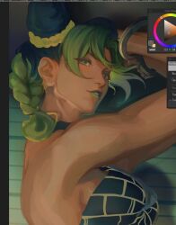 1girl black_hair braid braided_bun braided_ponytail breasts bun_with_braided_base commentary cone_hair_bun cuffs double_bun english_commentary green_eyes green_hair green_lips hair_bun halterneck handcuffs jojo_no_kimyou_na_bouken kuujou_jolyne looking_at_viewer makeup medium_breasts multicolored_hair parted_bangs parted_lips seraph_(sera_phiel) solo spider_web_print standing stone_ocean two-tone_hair unfinished upper_body