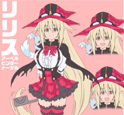 1girl 1other :&gt; asahi berylic_(taimanin_series) blonde_hair blush breasts reference_sheet creature female_focus hat highres holding holding_weapon large_breasts lilith-soft long_hair looking_at_viewer magical_girl magical_girl_lilith multiple_views pet pink_background pointy_ears smile taimanin_(series) taimanin_asagi_kessen_arena taimanin_rpgx translation_request very_long_hair weapon wide_hips witch_hat