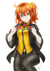 1girl black_pantyhose brown_eyes command_spell commentary cwind fate/grand_order fate_(series) fujimaru_ritsuka_(female) fujimaru_ritsuka_(female)_(mage&#039;s_association_uniform) hair_ornament hair_scrunchie highres one_side_up orange_hair pantyhose pantyhose_under_shorts scrunchie short_hair short_shorts shorts simple_background sitting smile solo white_background