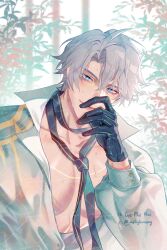 1boy absurdres antenna_hair black_gloves black_necktie blue_eyes collared_shirt facebook_username gloves hashtag-only_commentary head_rest highres honkai:_star_rail honkai_(series) large_pectorals male_focus mollyhoanmy necktie parted_bangs partially_unbuttoned pectoral_cleavage pectorals phainon_(anan)_(honkai:_star_rail) phainon_(honkai:_star_rail) shirt short_hair solo twitter_username watermark watermark_grid white_hair white_shirt
