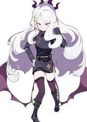 Rule 34 | 1girl, 223333, absurdres, ahoge, blue archive, breasts, demon girl, demon horns, demon wings, full body, highres, hina (blue archive), horns, long hair, looking at viewer, purple eyes, simple background, skirt, small breasts, solo, standing, very long hair, white background, white hair, wings