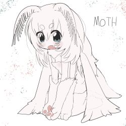 1girl animal_hands aqua_eyes arthropod_girl cat_paws extra_arms fang full_body highres insect_girl long_hair monochrome moth_antennae moth_girl open_mouth original simple_background sitting solo spot_color very_long_hair vreparty white_background