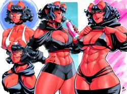 1girl abs bikini black_bikini black_choker black_hair black_shorts bottle breasts choker cleavage colored_skin dated demon_girl hand_on_own_hip highres holding holding_bottle horns initial jgeorgedrawz maggie_(jgeorgedrawz) multiple_views navel original pointy_ears red_horns red_skin round_eyewear short_hair short_shorts shorts swimsuit water_bottle yellow_eyes
