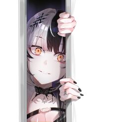 1girl absurdres black_arm_warmers black_choker black_hair black_nails breasts choker cleavage grey_hair highres hololive hololive_english jewelry kurochanai large_breasts looking_at_viewer multicolored_hair ring shiori_novella shiori_novella_(1st_costume) solo split-color_hair striped_arm_warmers two-tone_hair virtual_youtuber yellow_eyes